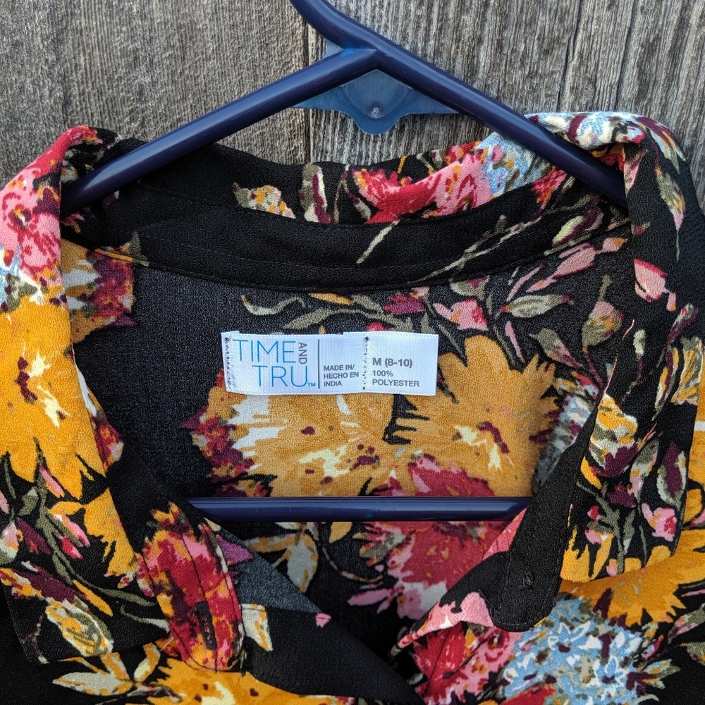 Time Tru Floral Button Front Dress Long 3/4 Sleeve - Picture 3 of 5